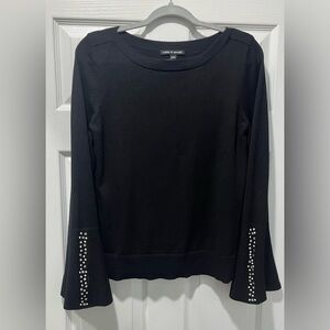Sweater Black Embellished Bell Sleeve w/ Pearls & Rhinestones Size Small
